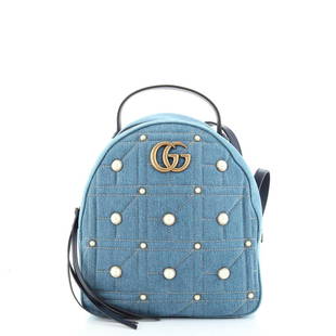 Gucci Pearly GG Marmont Backpack Embellished Matelasse Denim Small: Gucci Pearly GG Marmont Backpack Embellished Matelasse Denim Small Exterior Color: Blue Interior Color: Pink Exterior Material: Denim Interior Material: Satin Hardware Color: Aged Gold