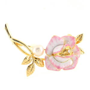 Mikimoto Flower Brooch 18K Yellow Gold with Enamel and Pearl