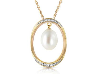 14K Solid Gold Necklace With Natural Briolette Cultured Pearl & Diamonds: 14K Solid Gold Necklace With Natural Briolette Cultured Pearl & Diamonds SKU: RBJ5531-Y Brand: Fine Jewelry Condition: Never Worn Metal: Yellow Gold Size and Fit: 0.41in (10.41mm)