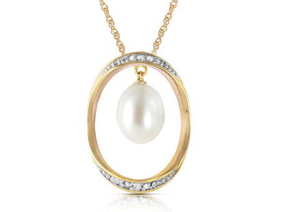 14K Solid Gold Necklace With Natural Briolette Cultured Pearl & Diamonds: 14K Solid Gold Necklace With Natural Briolette Cultured Pearl & Diamonds SKU: RBJ5531-Y Brand: Fine Jewelry Condition: Never Worn Metal: Yellow Gold Size and Fit: 0.41in (10.41mm)