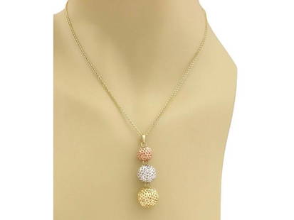 Graduated Mesh Ball Pendant In 18k Tri-Color Gold: Graduated Mesh Ball Pendant In 18k Tri-Color Gold SKU: RBJ203864258129-E Condition: Pre-Owned Model: 203864258129-E Size and Fit: Length: 16" Note: All Sales are final. Need more pics?