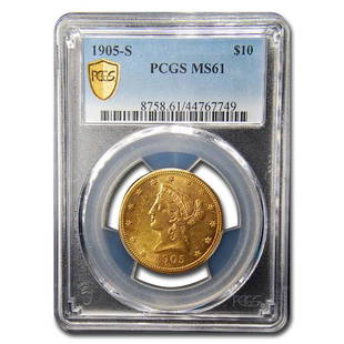 1905-S $10 Liberty Gold Eagle MS-61 PCGS: 1905-S $10 Liberty Gold Eagle MS-61 PCGS Product ID: 248779 Year: 1905 Grade Service: PCGS Denomination: $10 Metal Content: 0.4838 troy oz Purity: .900 Diameter: 26.8 mm