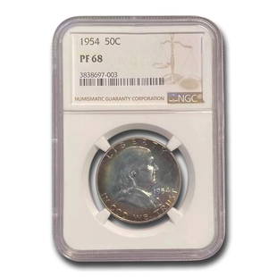 1954 Franklin Half Dollar PF-68 NGC: 1954 Franklin Half Dollar PF-68 NGC Product ID: 247221 Year: 1954 Grade Service: NGC Denomination: $0.50 Metal Content: 0.3617 troy oz Purity: .900 Diameter: 30.6 mm