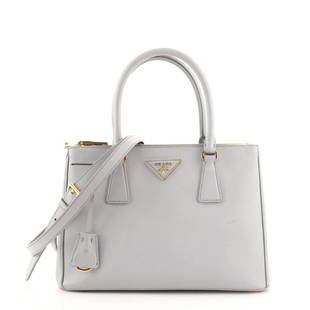 Prada Galleria Double Zip Tote Saffiano Leather Medium: Prada Galleria Double Zip Tote Saffiano Leather Medium Exterior Color: Gray Interior Color: Gray Exterior Material: Leather Interior Material: Fabric, Leather Hardware Color: Gold 