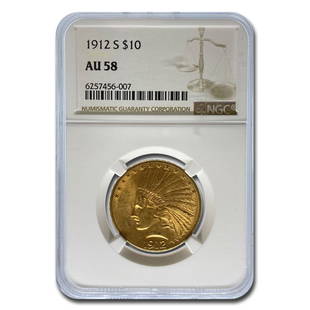 1912-S $10 Indian Gold Eagle AU-58 NGC: 1912-S $10 Indian Gold Eagle AU-58 NGC Product ID: 66619 Year: 1912 Grade Service: NGC Denomination: $10 Metal Content: 0.4838 troy oz Purity: .900 Thickness: 2.03 mm Diameter: 27 mm