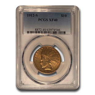 1912-S $10 Indian Gold Eagle XF-40 PCGS: 1912-S $10 Indian Gold Eagle XF-40 PCGS Product ID: RBG247517 Year: 1912 Grade Service: PCGS Denomination: $10 Metal Content: 0.4838 troy oz Purity: .900 Diameter: 26.8 mm