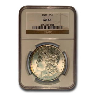 1889 Morgan Dollar MS-65 NGC (Toned): 1889 Morgan Dollar MS-65 NGC (Toned) Product ID: RBG91752 Year: 1889 Grade Service: NGC Denomination: $1.00 Metal Content: 0.7734 troy oz Purity: .900 Thickness: 3.1 mm 