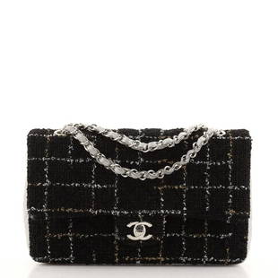 Chanel Classic Double Flap Bag Tweed and Quilted Lambskin Medium: Chanel Classic Double Flap Bag Tweed and Quilted Lambskin Medium Exterior Color: Black, Silver, Multicolor Interior Color: Silver Exterior Material: Tweed, Leather Interior Material: