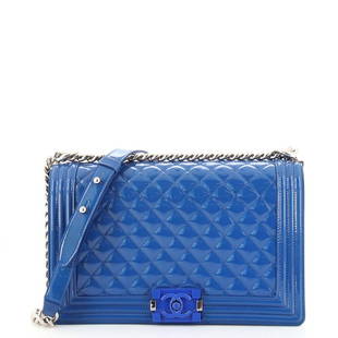 Chanel Boy Flap Bag Quilted Plexiglass Patent New Medium: Chanel Boy Flap Bag Quilted Plexiglass Patent New Medium Exterior Color: Blue Interior Color: Black Exterior Material: Patent Leather Interior Material: Fabric Hardware Color: Silver,