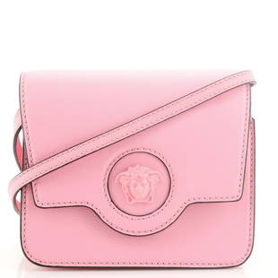 Versace La Medusa Accordion Flap Shoulder Bag Leather Small: Versace La Medusa Accordion Flap Shoulder Bag Leather Small Exterior Color: Pink Interior Color: Pink Exterior Material: Leather Interior Material: Leather Hardware Color: Gold 