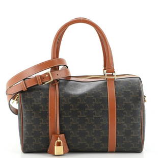 Celine Convertible Duffle Bag Triomphe Coated Canvas Large: Celine Convertible Duffle Bag Triomphe Coated Canvas Large Exterior Color: Black, Brown Interior Color: Brown Exterior Material: Canvas Coated Interior Material: Fabric Hardware Color: