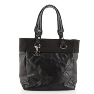 Chanel Biarritz Tote Quilted Coated Canvas Small: Chanel Biarritz Tote Quilted Coated Canvas Small Exterior Color: Black Interior Color: Black Exterior Material: Canvas (Coated), Leather Interior Material: Nylon Hardware Color: Silver