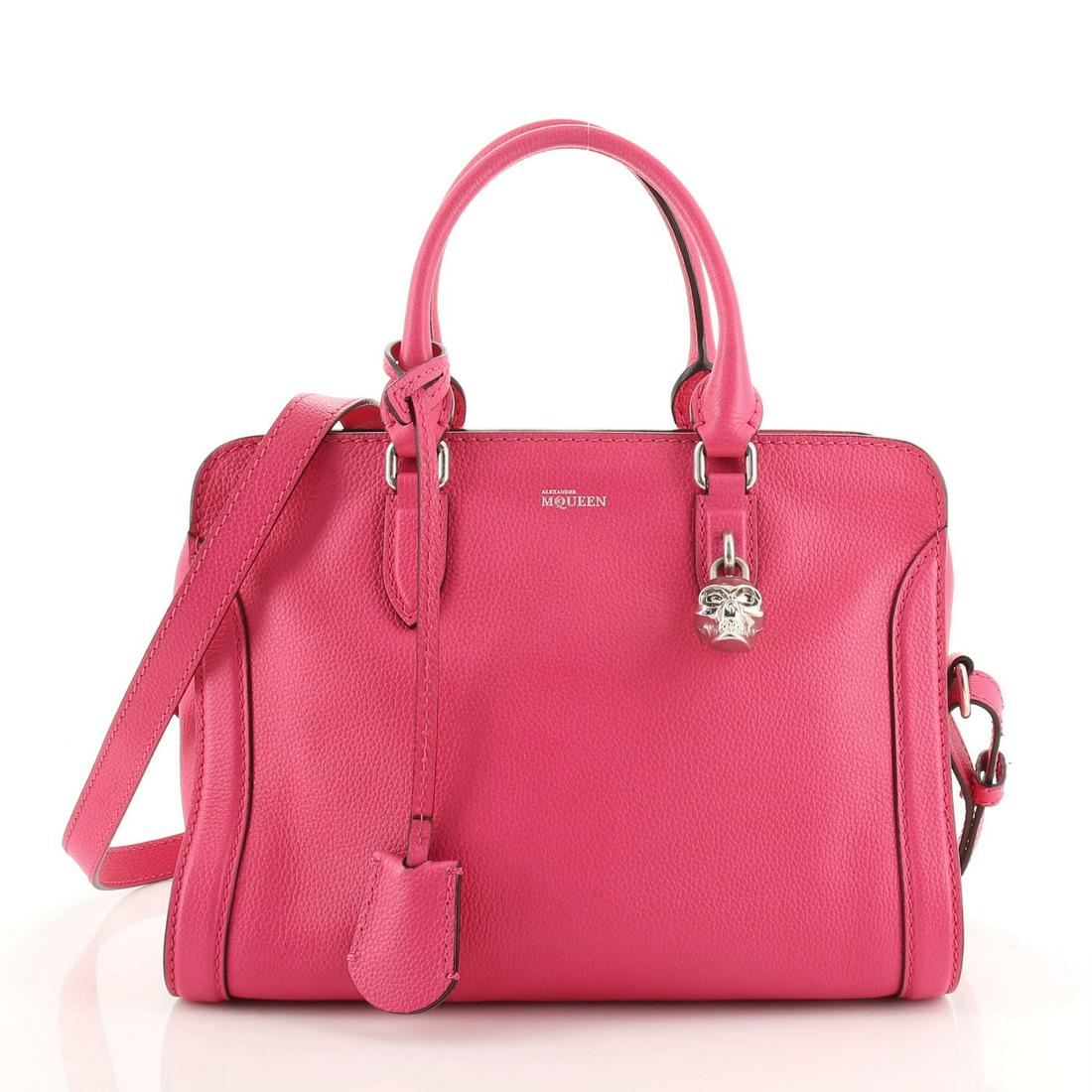Alexander McQueen Padlock Zip Around Tote Leather Small: Alexander McQueen Padlock Zip Around Tote Leather Small Exterior Color: Pink Interior Color: Neutral Exterior Material: Leather Interior Material: Fabric Hardware Color: Silver Accessories: Cloche