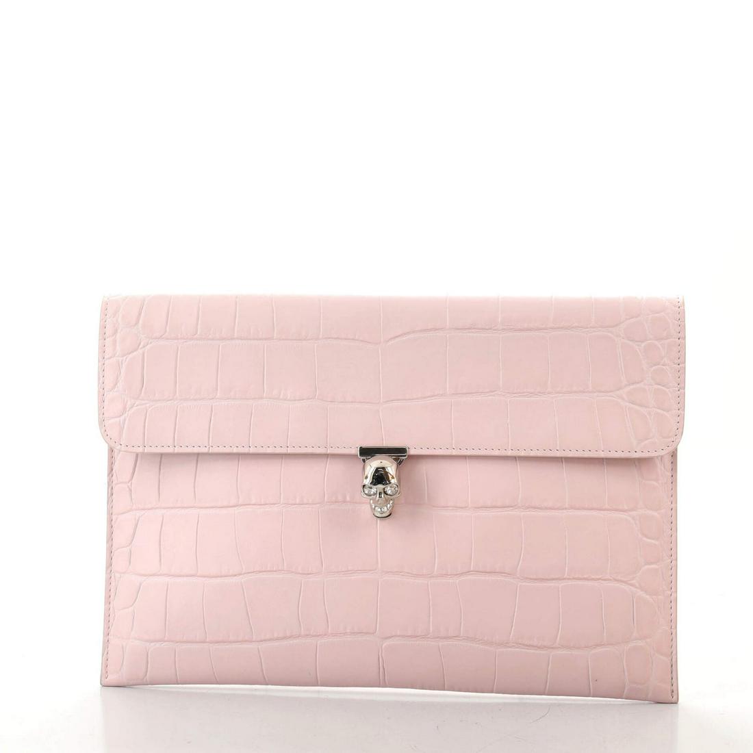 Alexander McQueen Skull Envelope Clutch Crocodile Embossed Leather: Alexander McQueen Skull Envelope Clutch Crocodile Embossed Leather Exterior Color: Pink Interior Color: Black Exterior Material: Leather Interior Material: Leather Hardware Color: Silver Accessori