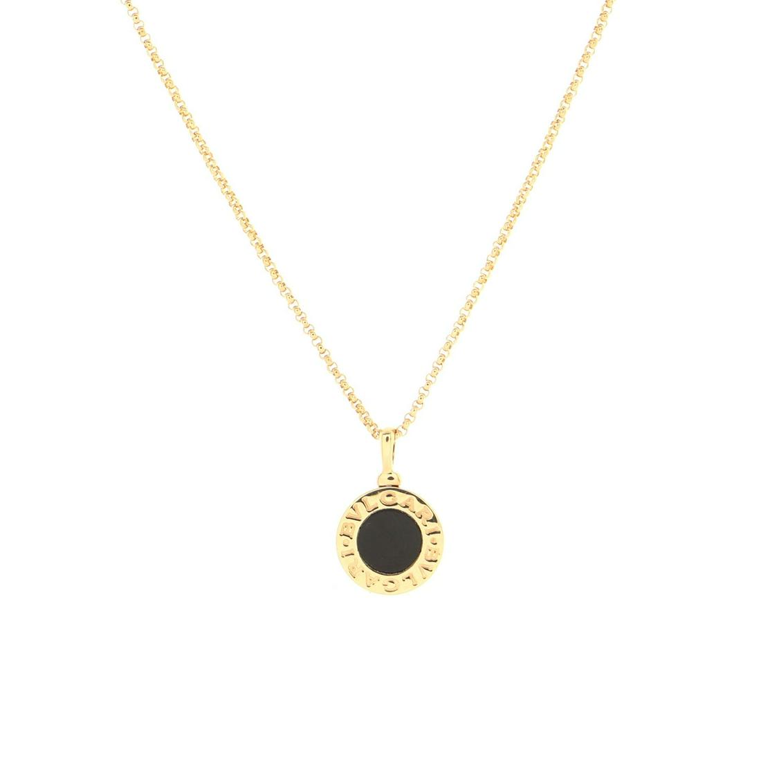 Bvlgari Bvlgari Bvlgari Pendant Necklace 18K Yellow Gold with Onyx: Bvlgari Bvlgari Bvlgari Pendant Necklace 18K Yellow Gold with Onyx Metal Type: 18K Yellow Gold Metal Finish: High Polish Hallmarks Type: 750, Designer Signature, Registered Trademark, Serial Number Si