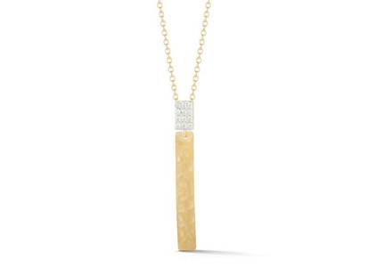 I.Reiss 14K Yellow Gold 0.07 Diamond Necklace: I.Reiss 14K Yellow Gold 0.07 Diamond Necklace SKU: RBJIR3680Y Brand: I.Reiss Condition: Never Worn Metal: Yellow Gold Stone: Diamond Size and Fit: 16"/1.5"hx0.2"w 14 Karat Yellow Gold Matte And