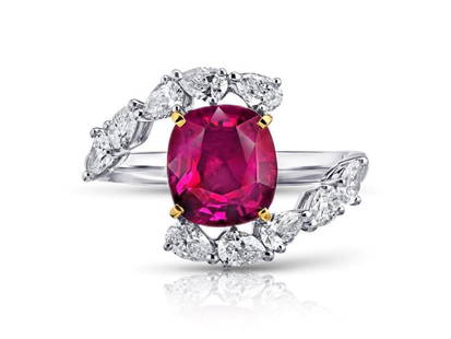 David Gross Platinum Ruby Ring: David Gross Platinum Ruby Ring SKU: RBJ21942-DGTF8519 Brand: David Gross Condition: Never Worn Metal: Platinum Stone: Ruby Size and Fit: 7 3.36 carat cushion red ruby (ceylon) with 10 pear