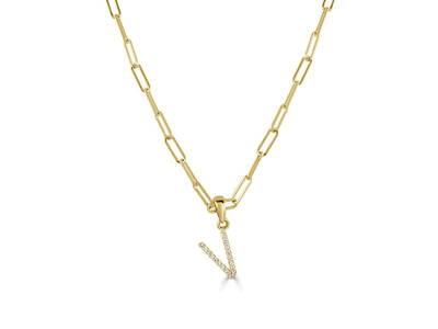 14k Yellow Gold & Diamond Paperclip Initial "V" Necklace