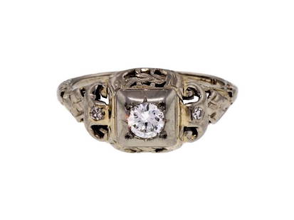 Art Deco 18K White Gold 0.21ct Diamond Filigree Ring: Art Deco 18K White Gold 0.21ct Diamond Filigree Ring SKU: RBJ382-351-5437-01C9A Condition: Pre-Owned Metal: White Gold Stone: Diamond Size and Fit: Ring Size: 6.75, Width at Top: 9.37mm, Height