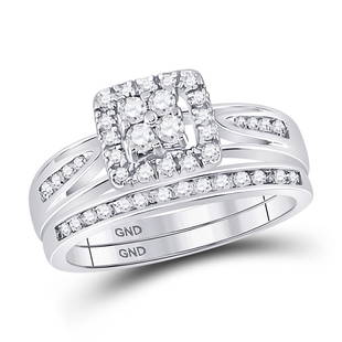 10kt White Gold Round Diamond Cluster Bridal Wedding Ring Band Set 1/2 Cttw: 10kt White Gold Round Diamond Cluster Bridal Wedding Ring Band Set 1/2 Cttw Metal Type10kt White Gold Item Number101569 StyleClustersRing SizeRing size selectableCarats Total Weight