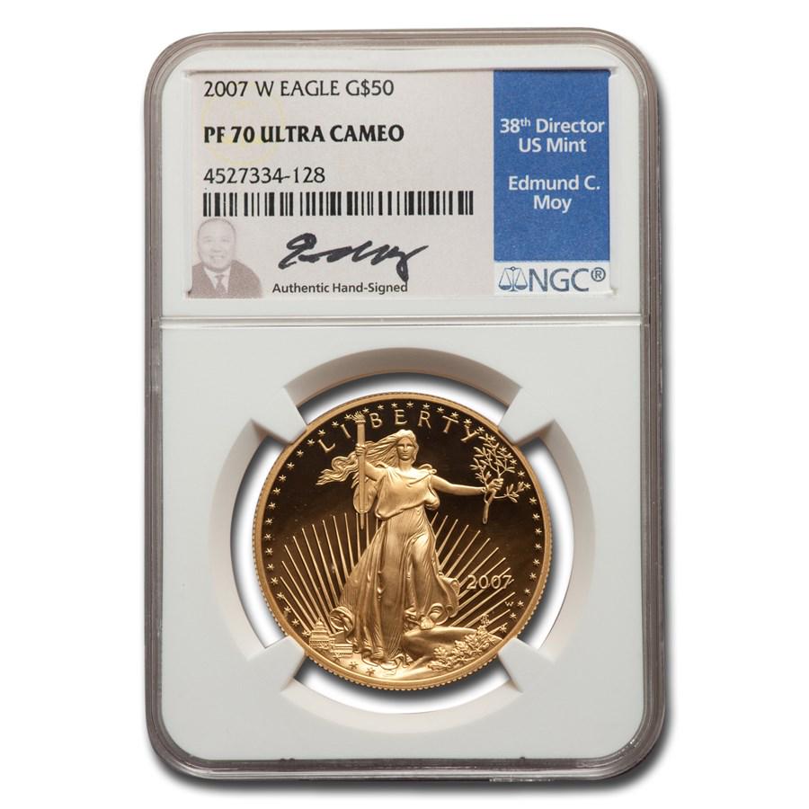 2007-W 1 oz Proof American Gold Eagle PF-70 NGC (Moy): 2007-W 1 oz Proof American Gold Eagle PF-70 NGC (Moy) Product ID: 247989 Year: 2007 Grade Service: NGC Denomination: $50 Metal Content: 1 troy oz Purity: .9167 Thickness: 2.87 mm Diameter: 32.7