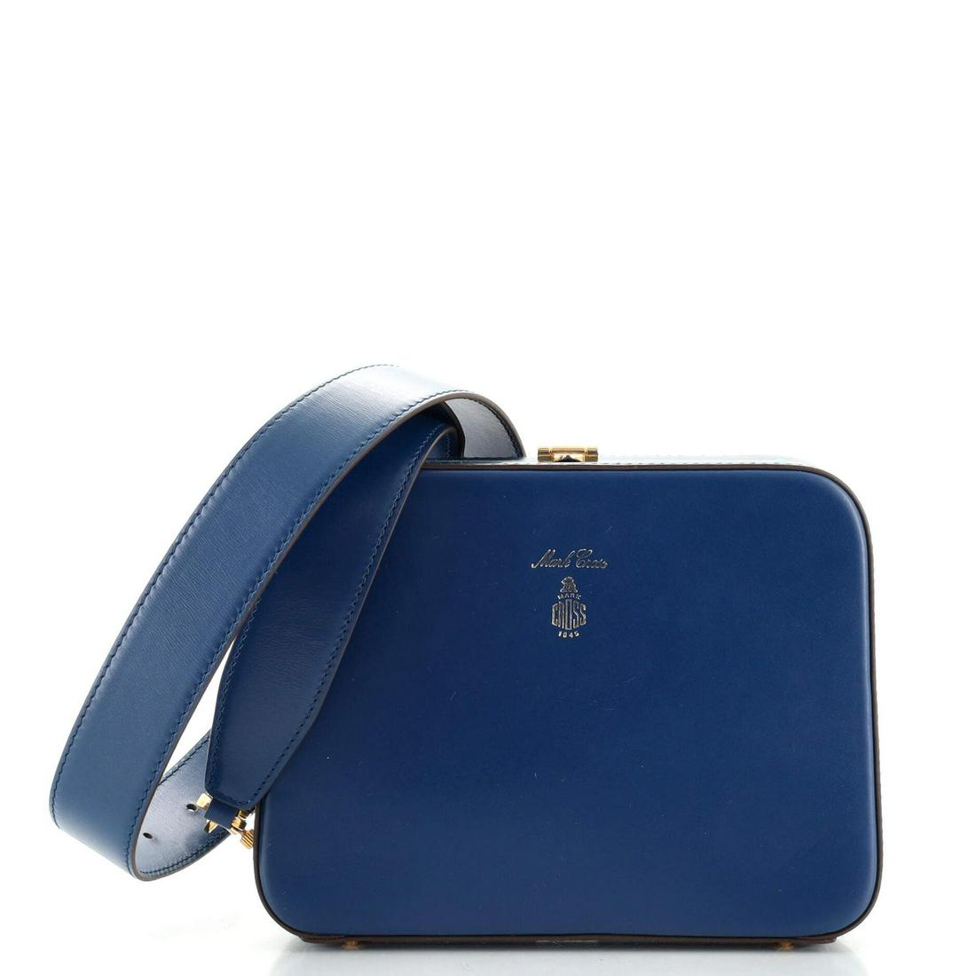 Mark Cross Juliana Frame Bag Leather: Mark Cross Juliana Frame Bag Leather Exterior Color: Blue Interior Color: Red Exterior Material: Leather Interior Material: Leather Hardware Color: Gold Accessories: Detachable Strap <br