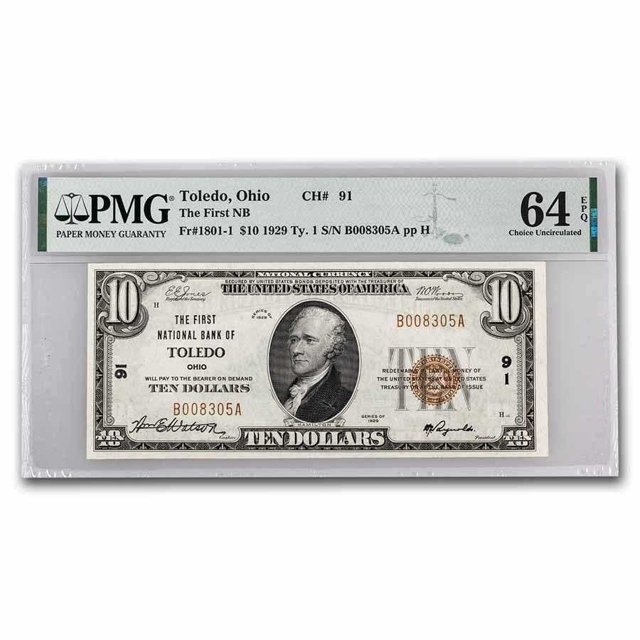 1929 Type 1 $10 Toledo, Ohio CH CU-64 EPQ PMG (Fr#1801-1) CH#91: 1929 Type 1 $10 Toledo, Ohio CH CU-64 EPQ PMG (Fr#1801-1) CH#91 Product ID: RBG250278 Year: 1929 Grade: (PMG) Choice Unc - 64 Grade Service: PMG Denomination: 10 Dollars Mint Mark: N/A - Not Avail