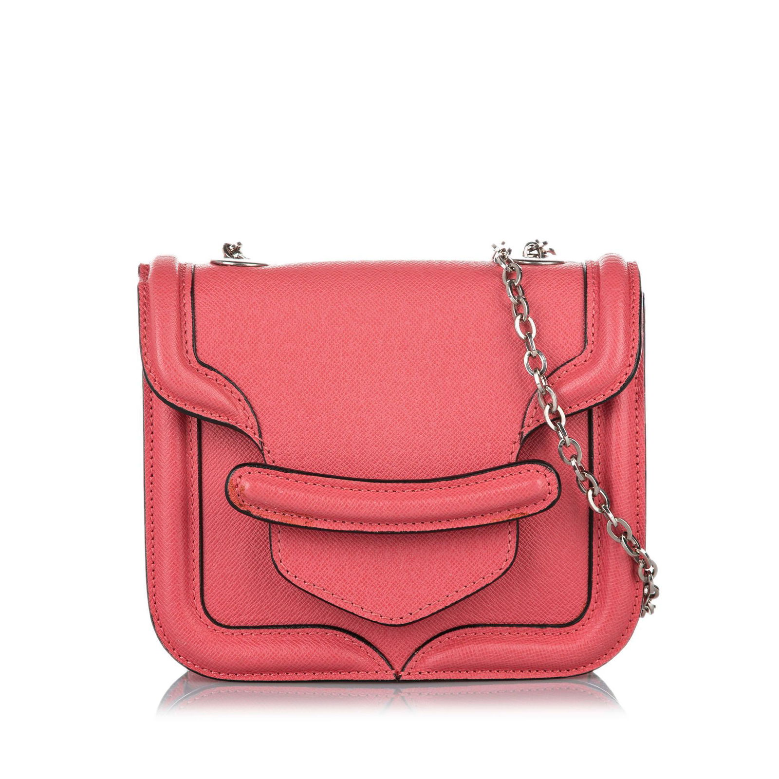 Alexander McQueen Mini Heroine Leather Crossbody Bag: Alexander McQueen Mini Heroine Leather Crossbody Bag Condition Quality: Fair Color: Pink Height: 5.75 in. Length: 6.5 in. Material: Calf Width: 2.5 in. Item Condition: Pre Owned