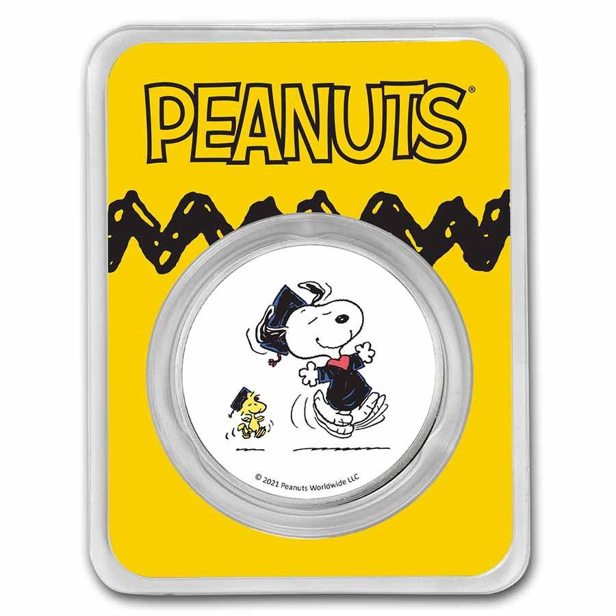 Peanuts Snoopy & Woodstock Graduation 1 oz Colorized Silver: Peanuts Snoopy & Woodstock Graduation 1 oz Colorized Silver SKU: RBJ231115 Year: 2021 Grade: None Grade Service: None Mint Mark: N/A - Not Available Metal Content: 1 troy oz Purity: .999