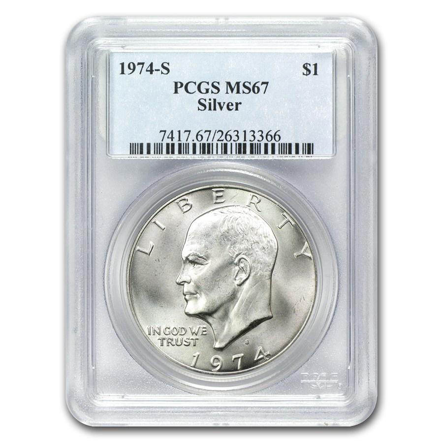 1971-1976 40% Silver Eisenhower Dollar MS-67 PCGS (Random Year): 1971-1976 40% Silver Eisenhower Dollar MS-67 PCGS (Random Year) SKU: RBJ72440 Year: Random Grade: MS-67 Grade Service: PCGS Denomination: $1.00 Mint Mark: S - San Francisco Metal Content: