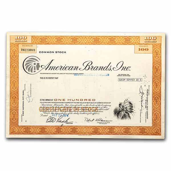 American Brands, Inc. Stock Certificate (Orange): American Brands, Inc. Stock Certificate (Orange) SKU: RBJ238563 Year: 1960-1970s Grade: None Grade Service: None Denomination: N/A Mint Mark: N/A - Not Available Metal Content: 0 troy oz