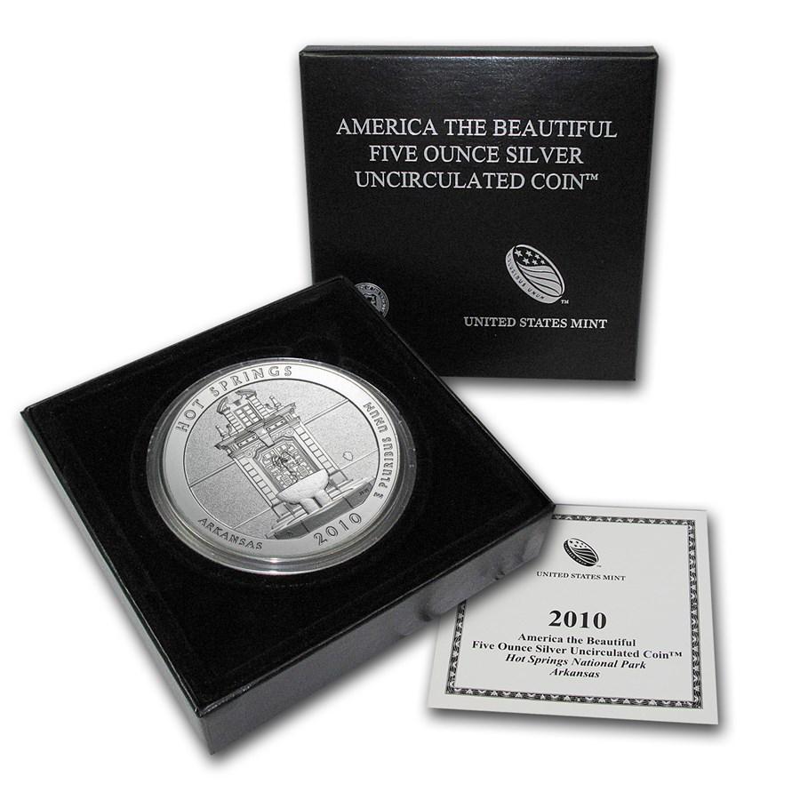 2010-P 5 oz Silver ATB Hot Springs (w/Box & COA): 2010-P 5 oz Silver ATB Hot Springs (w/Box & COA) SKU: RBJ65524 Year: 2010 Grade: Brilliant Unc Grade Service: None Denomination: 25 Cents Mint Mark: P - Philadelphia Metal Content: 5 troy