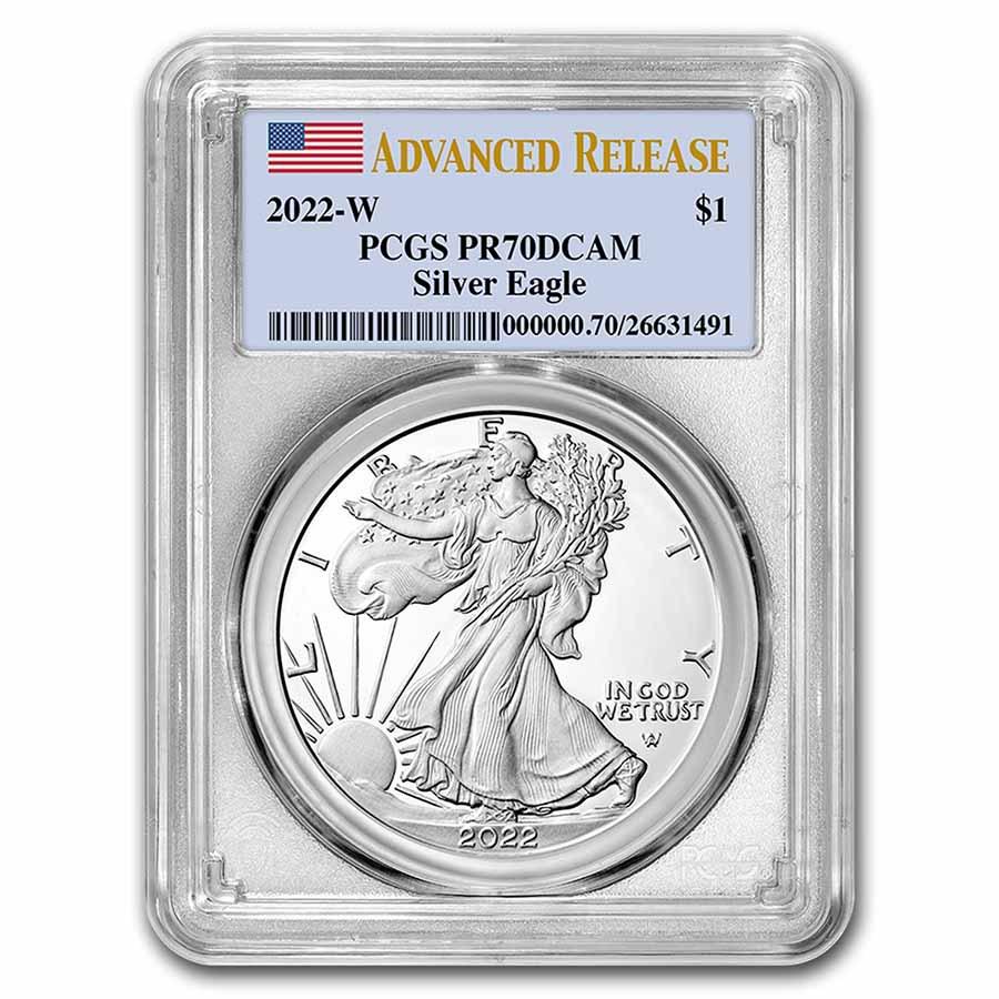 2022-W 1 oz Proof Silver Eagle PR-70 PCGS (Advanced Release): 2022-W 1 oz Proof Silver Eagle PR-70 PCGS (Advanced Release) SKU: RBJ251315 Year: 2022 Grade: Proof - 70 DCAM Grade Service: PCGS Denomination: 1 Dollar Mint Mark: W - West Point Metal Co