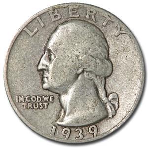1939-D Washington Quarter Good/VF: 1939-D Washington Quarter Good/VF SKU: RBJ12366 Year: 1939 Grade: Good or Better Grade Service: None Denomination: 25 Cents Mint Mark: D - Denver Metal Content: 0.1788 troy oz Pu
