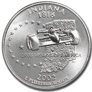 2002-P Indiana State Quarter BU: 2002-P Indiana State Quarter BU SKU: RBJ5260 Year: 2002 Grade: Brilliant Unc Grade Service: None Denomination: 25 Cents Mint Mark: P - Philadelphia Metal Content: 0 troy oz Purit