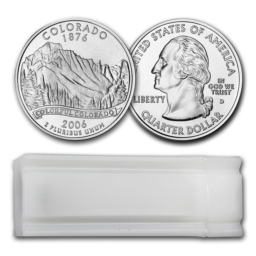 2006-D Colorado Statehood Quarter 40-Coin Roll BU: 2006-D Colorado Statehood Quarter 40-Coin Roll BU SKU: RBJ13286 Year: 2006 Grade: Brilliant Unc Grade Service: None Denomination: 25 Cents Mint Mark: D - Denver Metal Content: 0 troy oz <