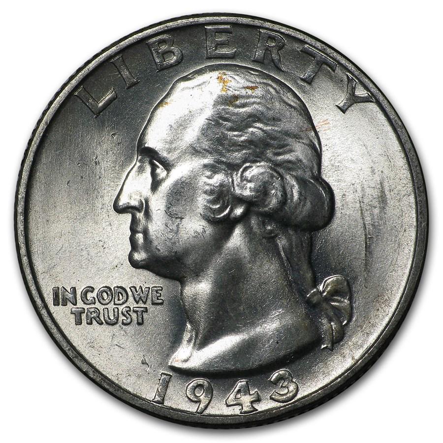 1943 Washington Quarter BU: 1943 Washington Quarter BU SKU: RBJ18927 Year: 1943 Grade: Brilliant Unc Grade Service: None Denomination: 25 Cents Mint Mark: P - Philadelphia (Not Shown) Metal Content: 0.1788 troy oz <