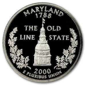 2000-S Maryland State Quarter Gem Proof: 2000-S Maryland State Quarter Gem Proof SKU: RBJ47062 Year: 2000 Grade: Gem Proof Grade Service: None Denomination: 25 Cents Mint Mark: S - San Francisco Metal Content: 0 troy oz