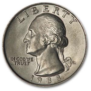 1988-D Washington Quarter BU: 1988-D Washington Quarter BU SKU: RBJ6510 Year: 1988 Grade: Brilliant Unc Grade Service: None Denomination: 25 Cents Mint Mark: D - Denver Metal Content: 0 troy oz Purity: N/A