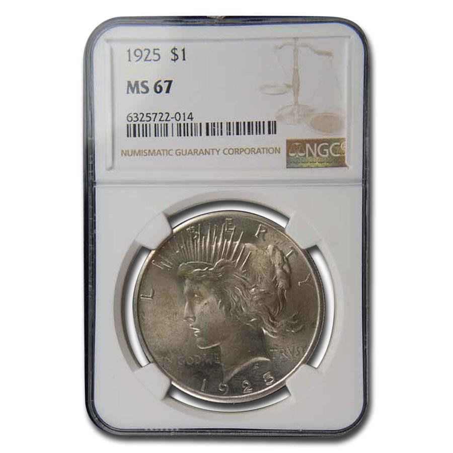 1925 Peace Dollar MS-67 NGC: 1925 Peace Dollar MS-67 NGC SKU: 102458 Year: 1925 Grade Service: NGC Denomination: $1.00 Metal Content: 0.7734 troy oz Purity: .900 Thickness: 3.1 mm Diameter: 38.1 mm