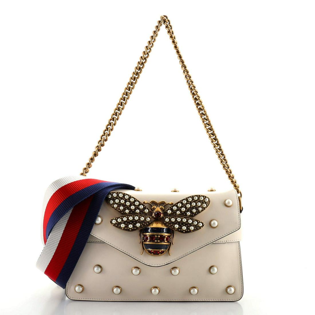Gucci Broadway Pearly Bee Shoulder Bag Embellished Leather Mini: Gucci Broadway Pearly Bee Shoulder Bag Embellished Leather Mini Exterior Color: Neutral Interior Color: Neutral Exterior Material: Leather Interior Material: Leather Hardware Color: Aged Gold Acce