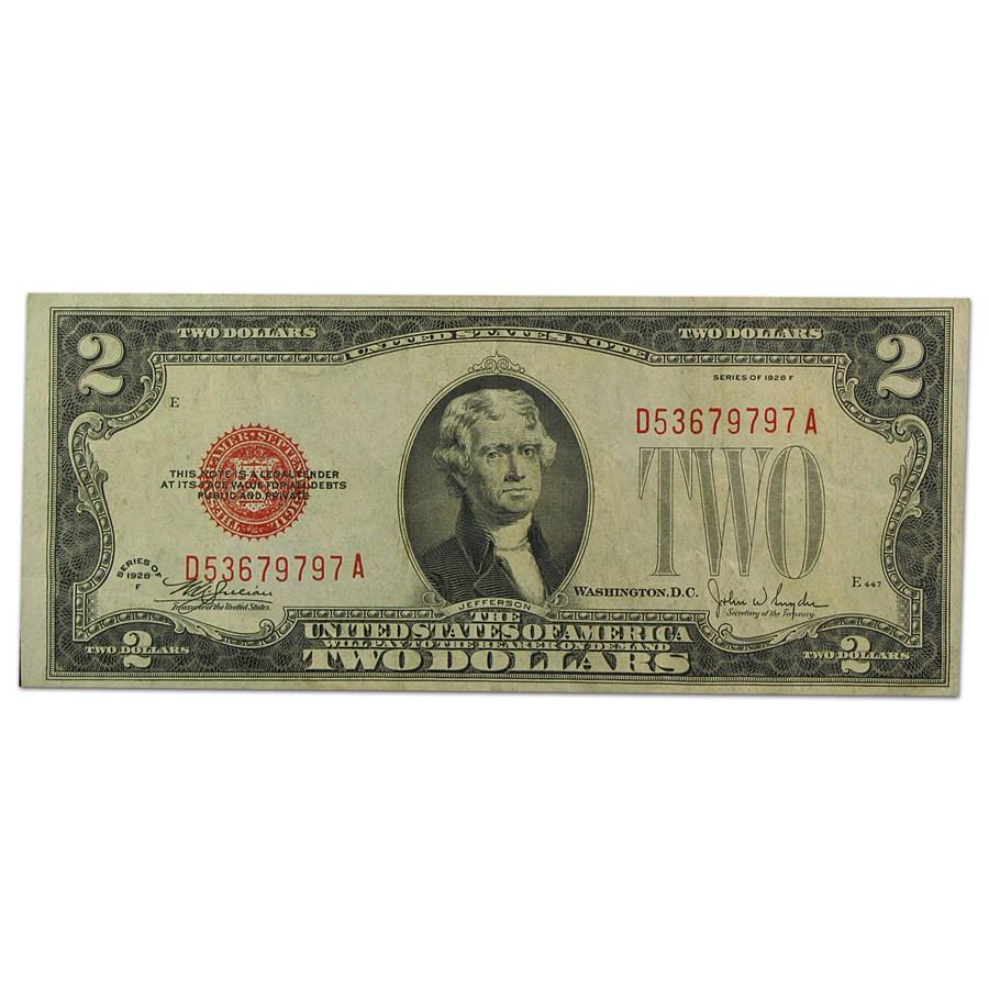 1928-F $2.00 U.S. Note Red Seal VF (Fr#1507): 1928-F $2.00 U.S. Note Red Seal VF (Fr#1507) SKU: 40780 Year: 1928 Grade: Very Fine Grade Service: None Denomination: 2 Dollars Mint Mark: N/A - Not Available Metal Content: 0 troy oz
