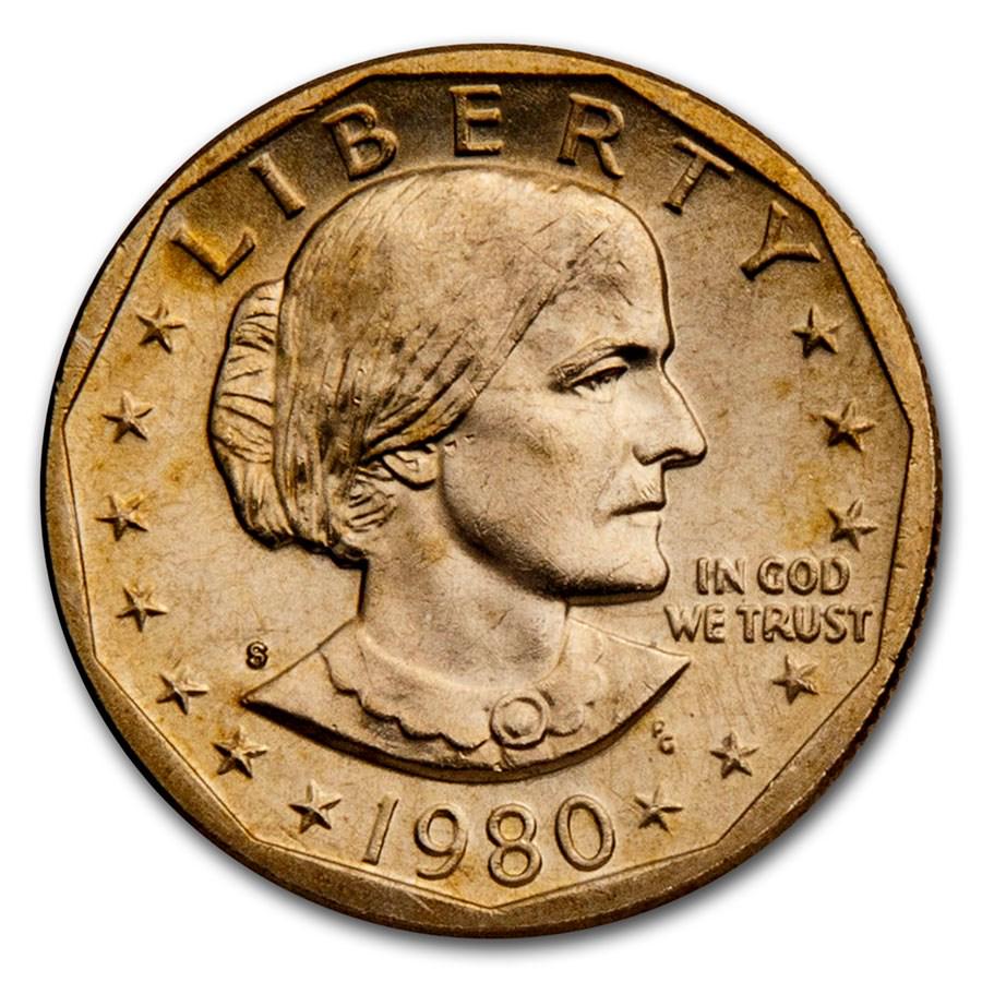 1980-S Susan B. Anthony Dollar BU: 1980-S Susan B. Anthony Dollar BU SKU: 5065 Year: 1980 Grade: Brilliant Unc Grade Service: None Denomination: $1.00 Mint Mark: S - San Francisco Metal Content: 0 troy oz Purity: