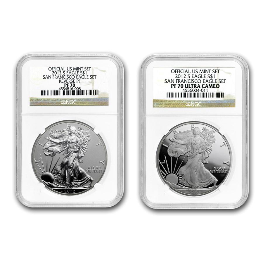 2012-S 2-Coin Proof Silver Eagle Set PF-70 NGC (75th Anniv): 2012-S 2-Coin Proof Silver Eagle Set PF-70 NGC (75th Anniv) SKU: 83405 Year: 2012 Grade: Proof - 70 Grade Service: NGC Denomination: $1.00 Mint Mark: S - San Francisco Metal Content: 2 tr