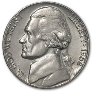 1962-D Jefferson Nickel BU: 1962-D Jefferson Nickel BU SKU: 6592 Year: 1962 Grade: Brilliant Unc Grade Service: None Denomination: 5 Cents Mint Mark: D - Denver Metal Content: 0 troy oz Purity: N/A