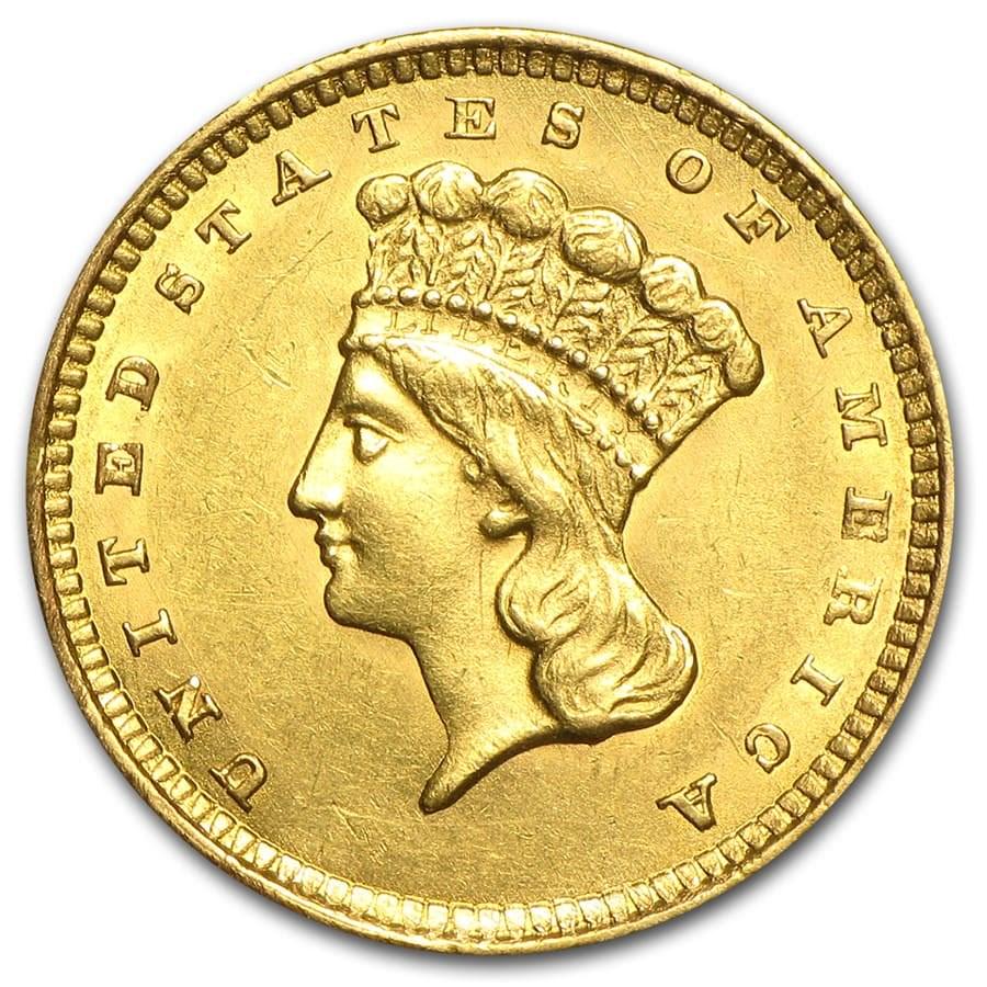 $1 Indian Head Gold Dollar Type 3 AU (Random Year): $1 Indian Head Gold Dollar Type 3 AU (Random Year) SKU: 23231 Year: Random - (1856-1889) Grade: Almost Unc Grade Service: None Denomination: $1.00 Mint Mark: Varies Metal Content: 0.0484
