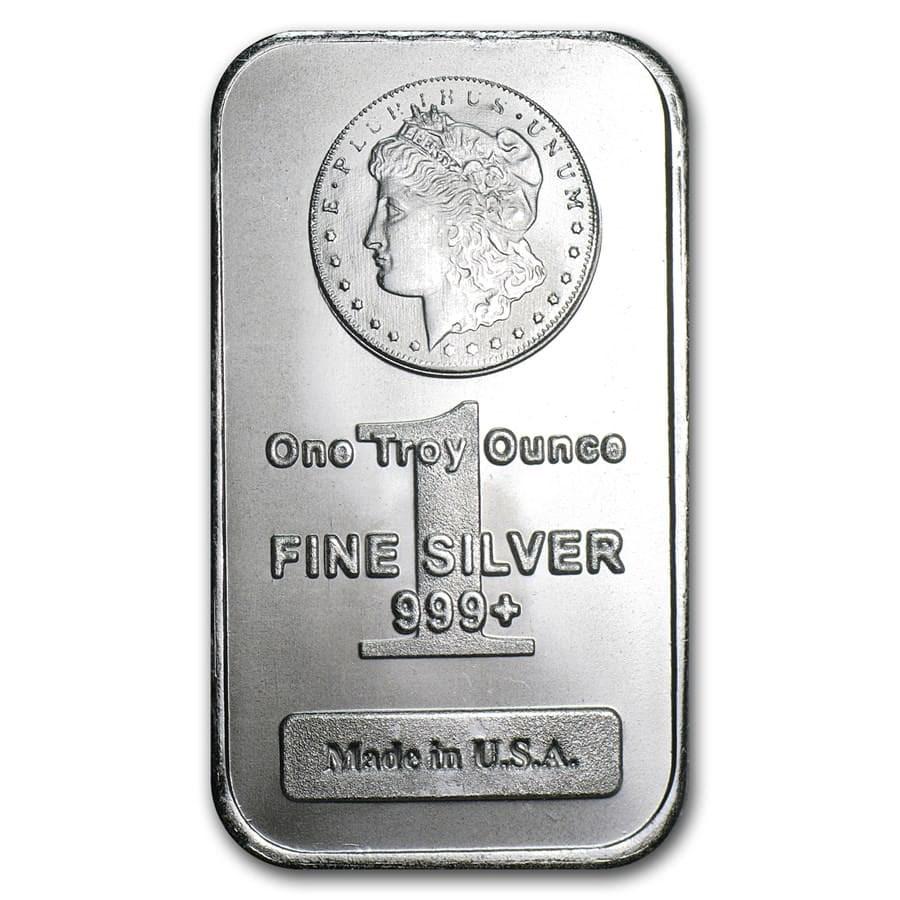 1 oz Silver Bar - Morgan Design: 1 oz Silver Bar - Morgan Design Product ID: 50037 Year: N/A Grade: None Grade Service: None Denomination: 1 oz Mint Mark: N/A - Not Available Metal Content: 1 troy oz Purity: .99