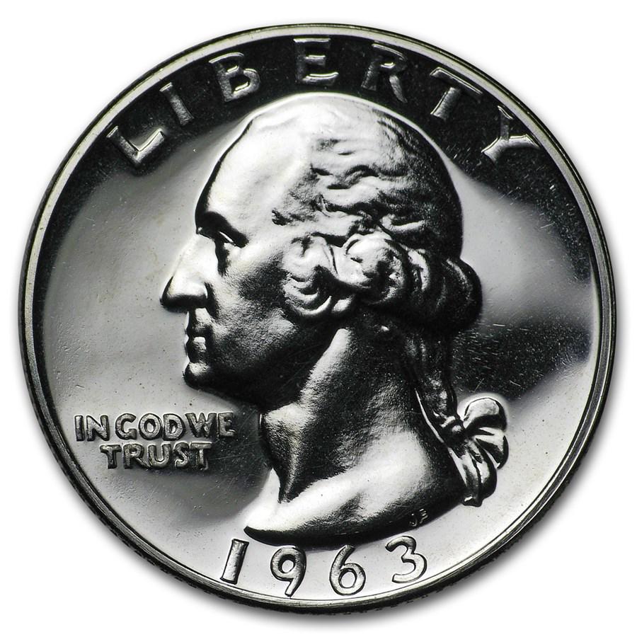 1963 Washington Quarter Gem Proof: 1963 Washington Quarter Gem Proof Product ID: 5693 Year: 1963 Grade: Gem Proof Grade Service: None Denomination: 25 Cents Mint Mark: P - Philadelphia (Not Shown) Metal Content: 0.1788 tro