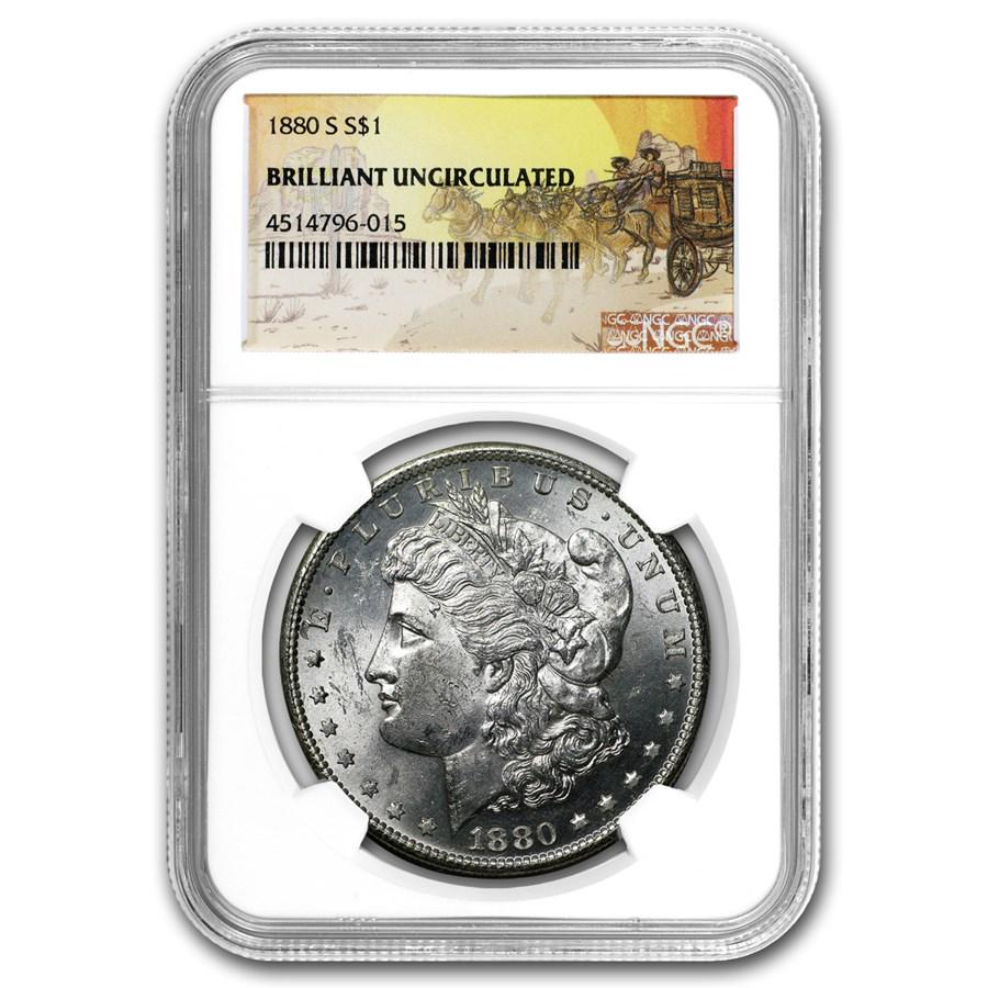 1880-S Stage Coach Morgan Dollar BU NGC: 1880-S Stage Coach Morgan Dollar BU NGC Product ID: 115655 Year: 1880 Grade Service: NGC Denomination: $1.00 Dollar Metal Content: 0.7734 troy oz Purity: .900 Thickness: 3.1 mm D