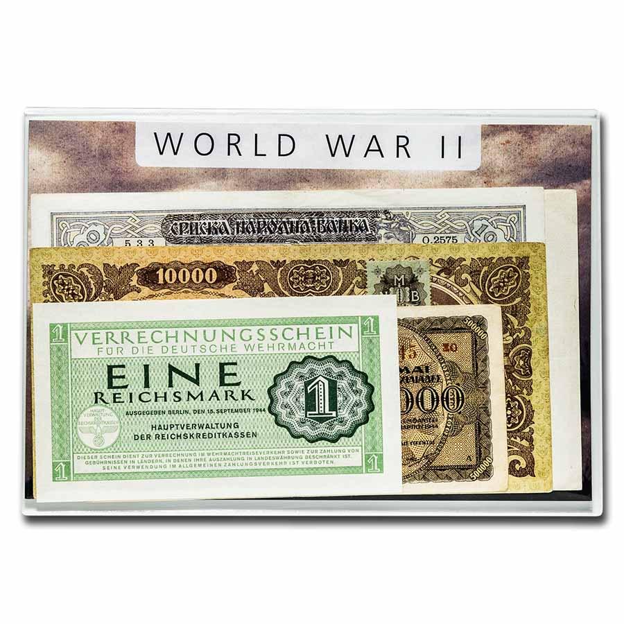 World War II 5 Banknote Presentation Set: World War II 5 Banknote Presentation Set Product ID: 233046 Year: 1941 Grade: Average Circulated Grade Service: None Denomination: Varies Mint Mark: Not Shown Metal Content: 0 troy oz